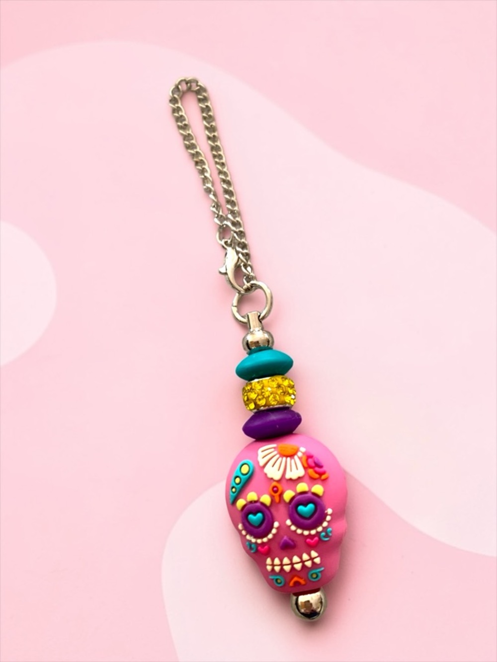 Pink Sugar Skull Keychain, Cup charm, or ?  with Colorful Accents Handmade